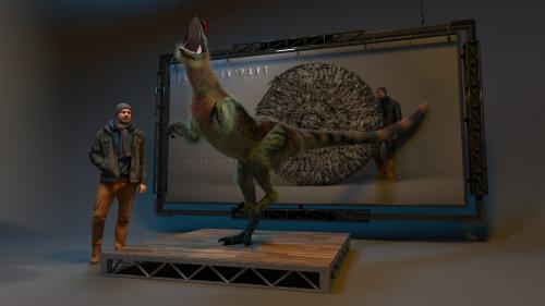 Dilophosaurus et son sculpteur.